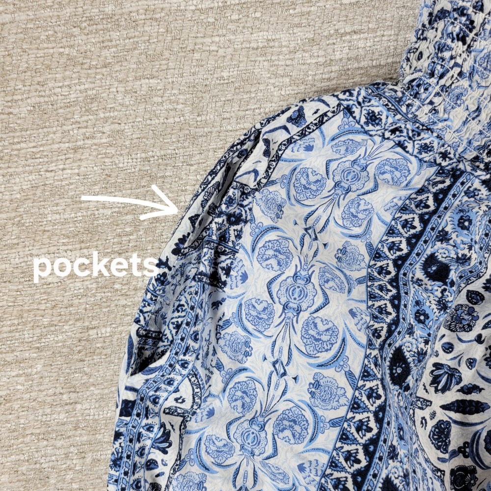 Old Navy Dress 2X Blue White V Neck V Back Tie Smocked Waist Boho Summer Beach - Picture 14 of 14